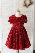 Abito da ragazza di fiori da sposa con paillettes bordeaux a maniche corte Abito da cerimonia per bambini