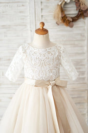 Short Sleeves Ivory Lace Tulle Wedding Flower Girl Dress 