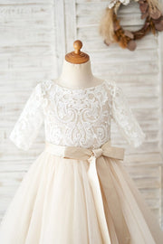 Short Sleeves Ivory Lace Tulle Wedding Flower Girl Dress