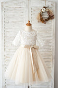 Short Sleeves Ivory Lace Tulle Wedding Flower Girl Dress, Champagne Lining