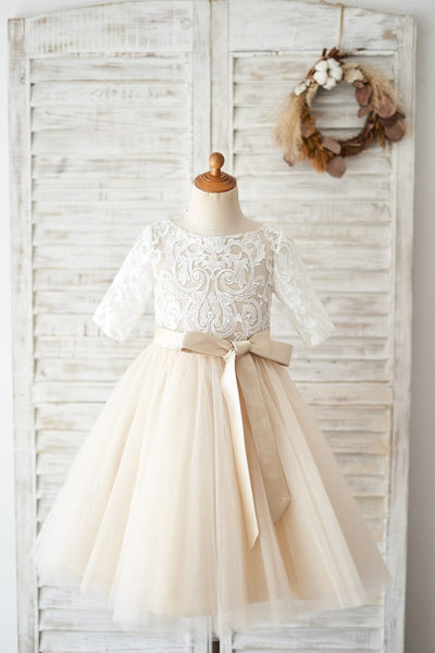 Short Sleeves Ivory Lace Tulle Wedding Flower Girl Dress