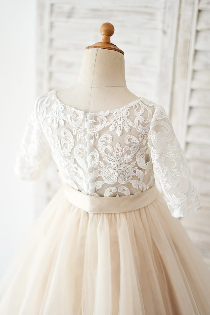Short Sleeves Ivory Lace Tulle Wedding Flower Girl Dress