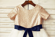 Short Sleeves Mate Champagne Sequin Tulle Flower Girl Dress