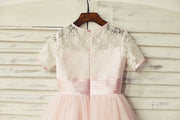 Short Sleeves Pink Lace Tulle Flower Girl Dress