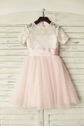 Short Sleeves Pink Lace Tulle Flower Girl Dress