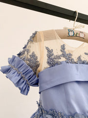 Short Sleeves Sheer Neck Light Blue Satin Wedding Flower