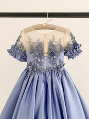 Short Sleeves Sheer Neck Light Blue Satin Wedding Flower