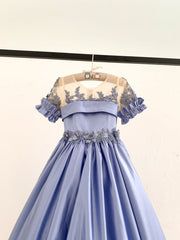 Short Sleeves Sheer Neck Light Blue Satin Wedding Flower