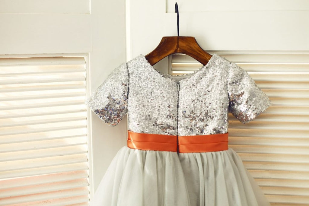 Short Sleeves Silver Sequin Gray Tulle Wedding Flower Girl