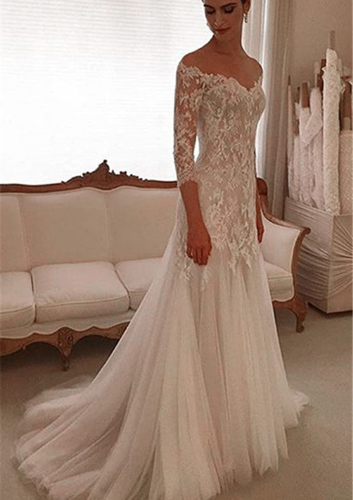 Off Shoulder V Neck 3/4 Sleeve Sweep Train Tulle Wedding