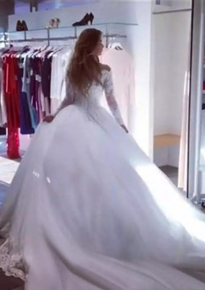 Off Shoulder Ball Gown Chapel Lace Bridal Wedding Dress