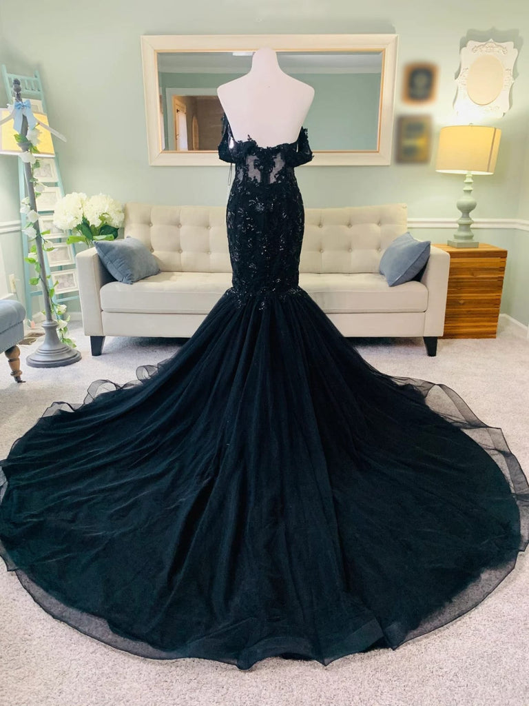 Off Shoulder Corset Black Lace Tulle Court Mermaid Wedding