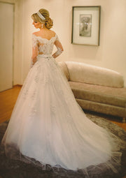 Off Shoulder Chapel Tulle Long Sleeve Bridal Ball Gown