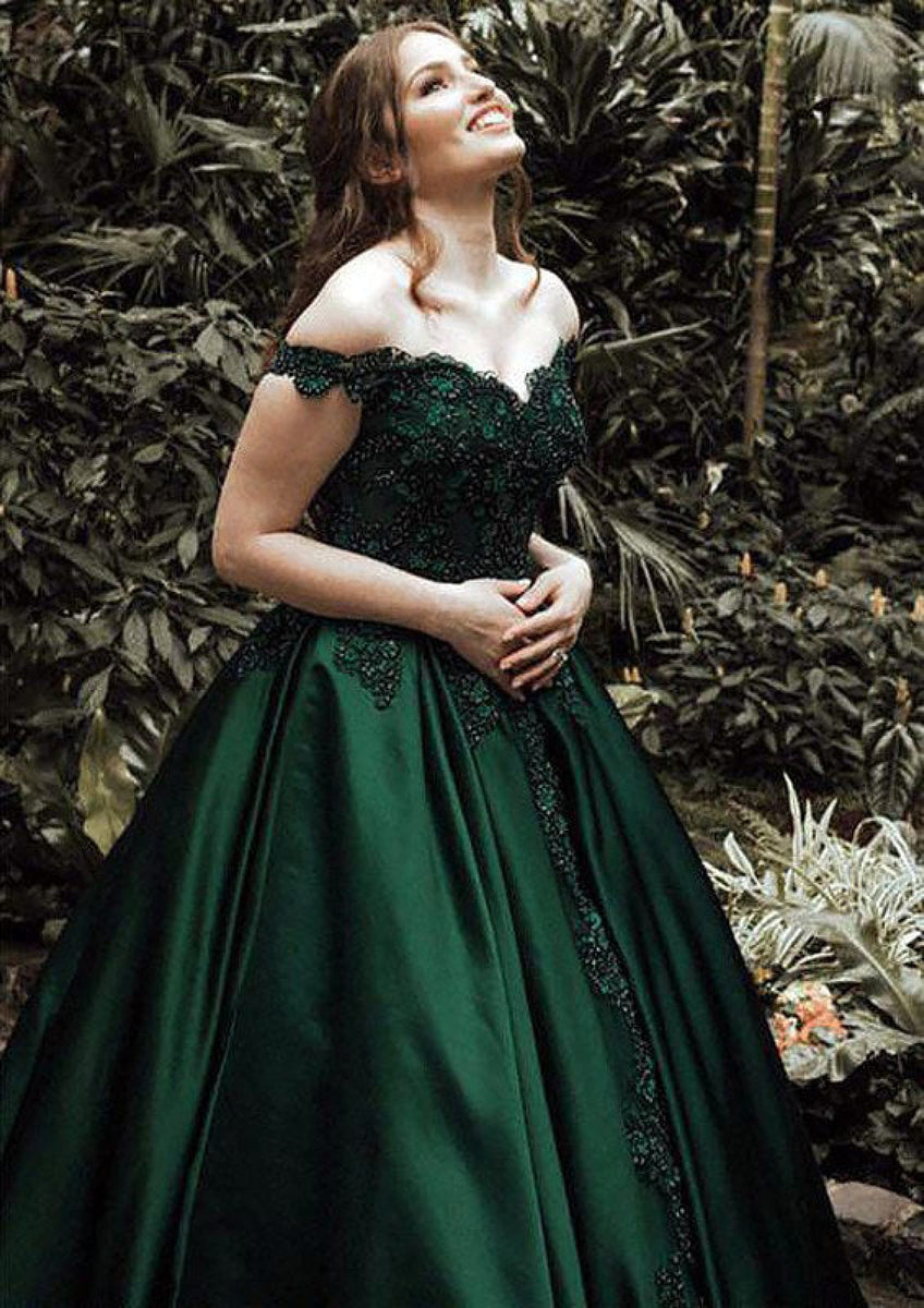 Off Shoulder Dark Green Sweep Satin Ball Gown Prom Dress, Lace Off Shoulder Dark Green Sweep Satin Ball Gown Prom Dress, Lace