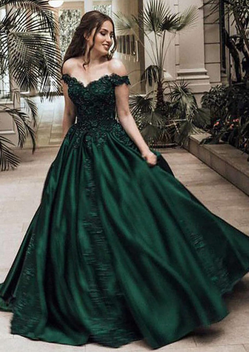 Off Shoulder Dark Green Sweep Satin Ball Gown Prom Dress, Lace - Princessly