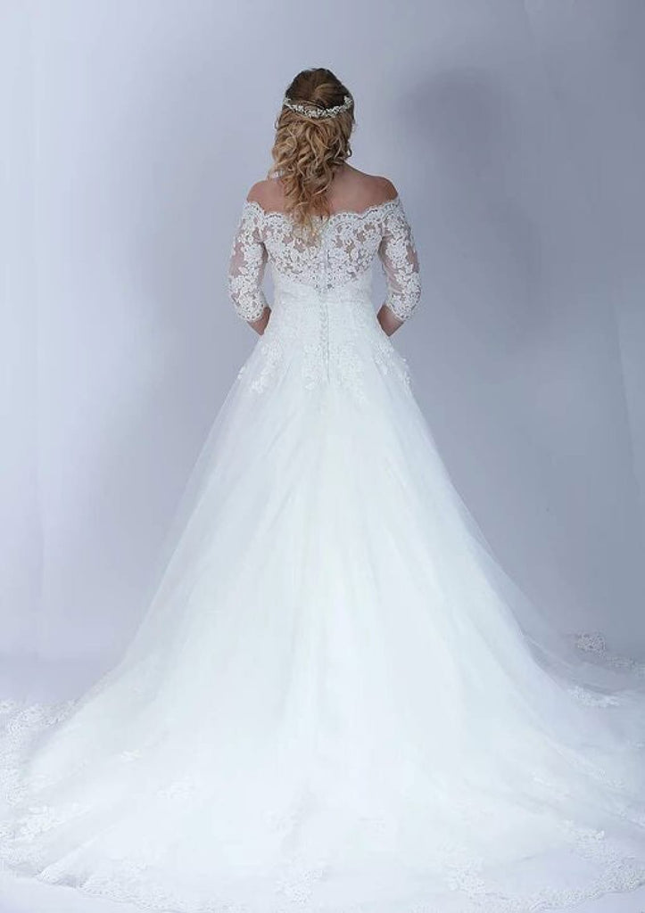 Off Shoulder Half Sleeve Lace Tulle Chapel A-line Wedding