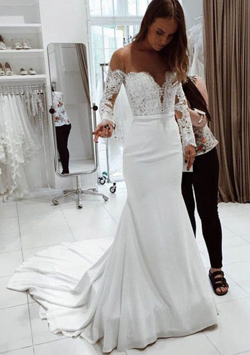 Off Shoulder Ivory Lace Chiffon Mermaid Bridal Gown Wedding Dress - Princessly Off Shoulder Ivory Lace Chiffon Mermaid Bridal Gown Wedding Dress - Princessly