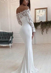 Off Shoulder Ivory Lace Chiffon Mermaid Bridal Gown Wedding
