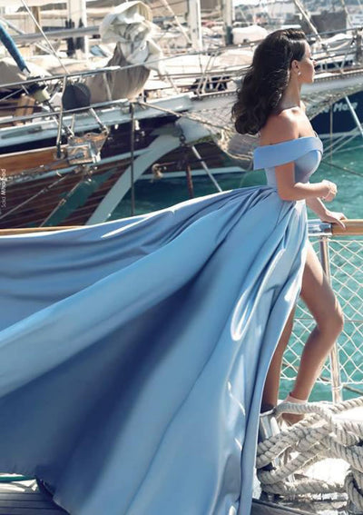 Off Shoulder Big A Line Split Sky Blue Satin Princess