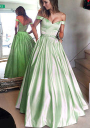 Off Shoulder Long Satin Formal Ball Gown Evening Prom Dress