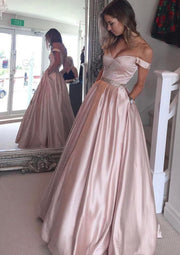 Off Shoulder Long Satin Formal Ball Gown Evening Prom Dress