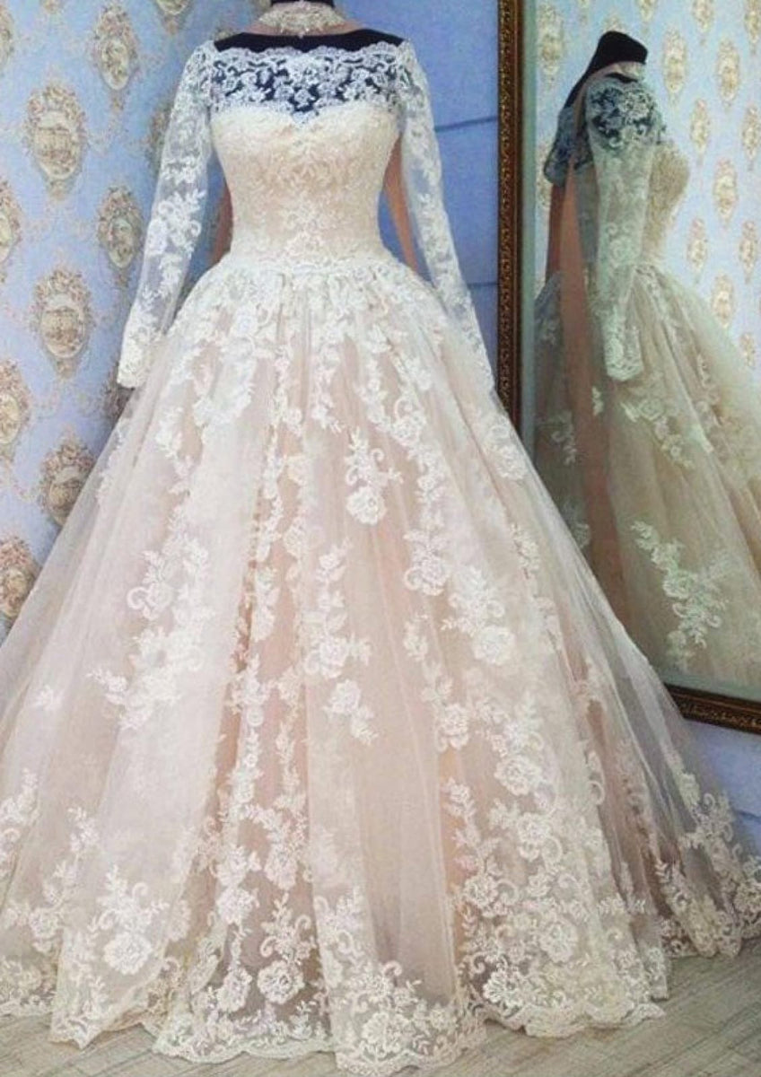 Ball Gown Off Shoulder 3/4 Sleeve Chapel Tulle Wedding Dress, Lace Sash main image 1