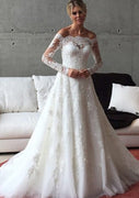 Off Shoulder Long Sleeve Court Train Tulle Lace Bridal Wedding Dress