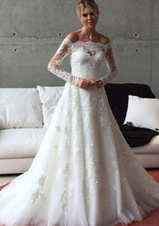 Off Shoulder Long Sleeve Court Lace Tulle Wedding Dress