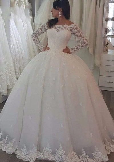 Off Shoulder Long Sleeve Sweep Lace Ball Gown Wedding Dress