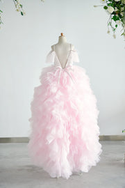 Off Shoulder Pink Polka Dot Lace Tulle Ball Gown Wedding
