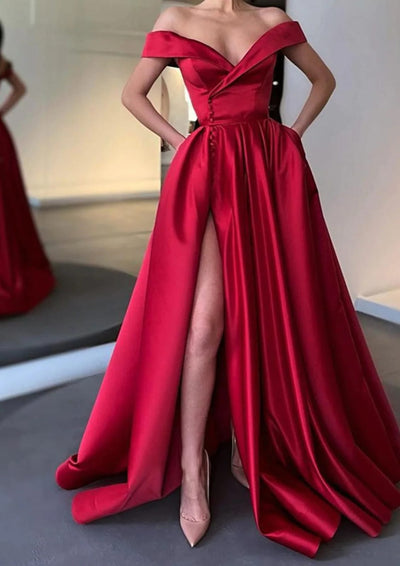 Off Shoulder Surplice Slit Sky Blue Satin Party Prom Dress