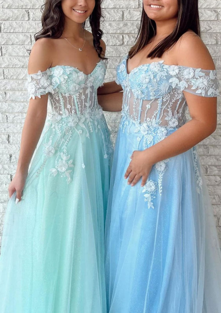 Glamorous A-line Off-the-Shoulder Sweetheart Long Puff Sleeve Tiered Ruffle Floor Length Prom Dress