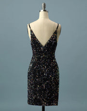 Simple Black Sequin Spaghetti Straps V Back Short Homecoming