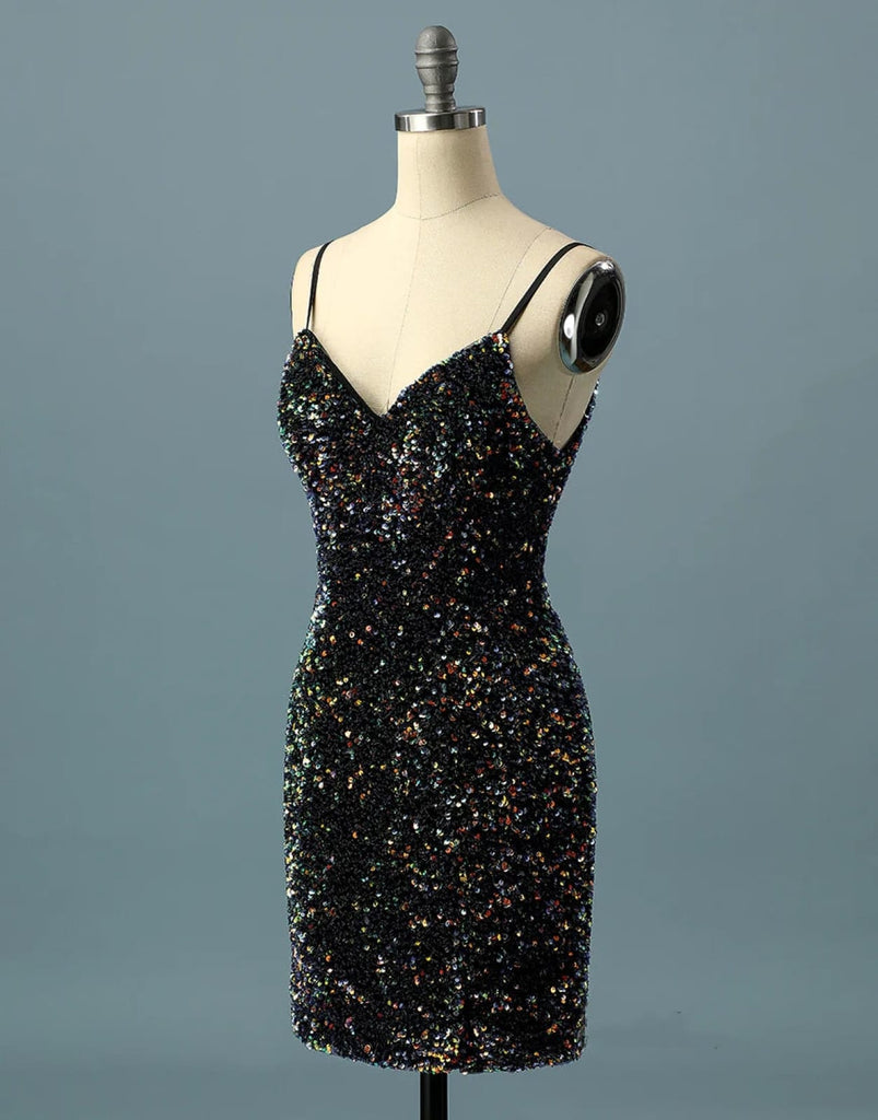 Simple Black Sequin Spaghetti Straps V Back Short Homecoming