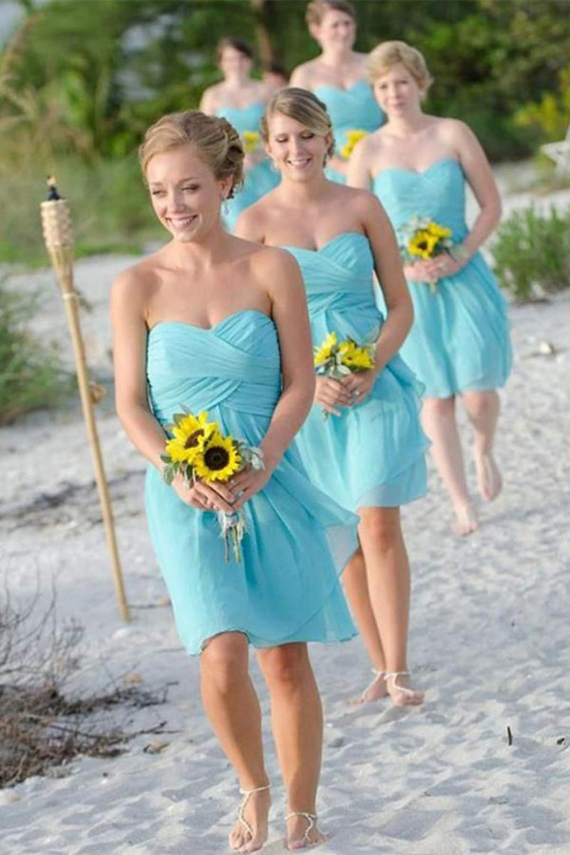 Simple Strapless Sweetheart Chiffon Open Back Short Beach Wedding Bridesmaid Dress Simple Strapless Sweetheart Chiffon Open Back Short Beach Wedding Bridesmaid Dress