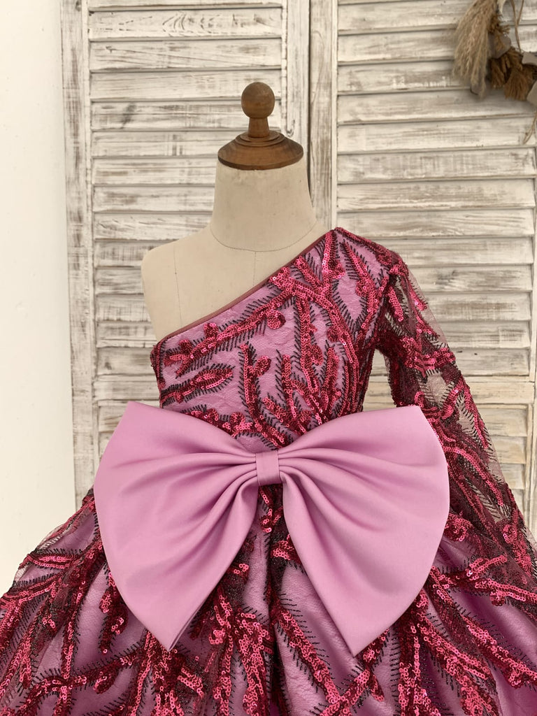 One Shoulder Single Sleeves Fuchsia Sequin Satin Wedding