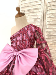 One Shoulder Single Sleeves Fuchsia Sequin Satin Wedding 