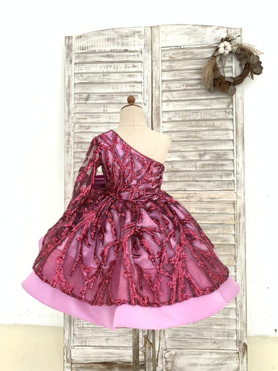 Short Sleeves Burgundy Sequin Wedding Flower Girl Dress Kids Formal Dress