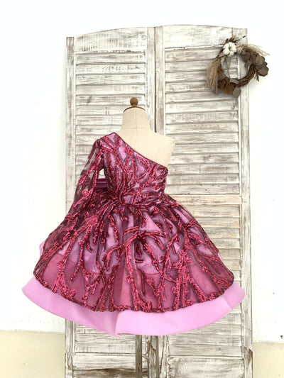 One Shoulder Single Sleeves Fuchsia Sequin Satin Wedding 