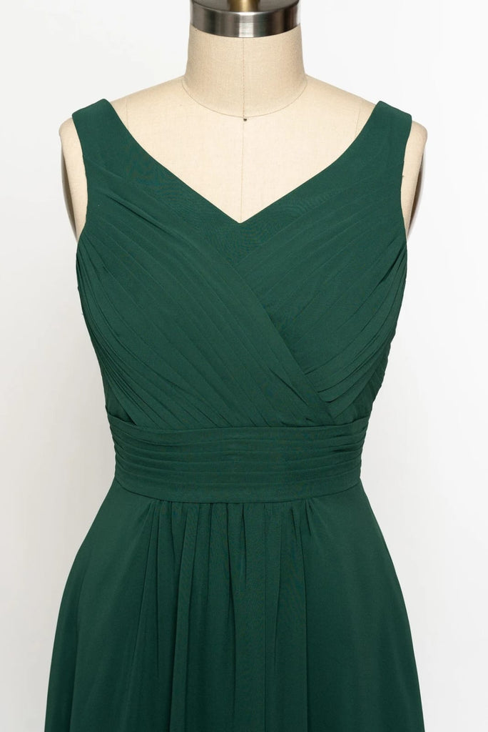 Sleeveless V Back Ruched Green Chiffon Tank Short Bridesmaid