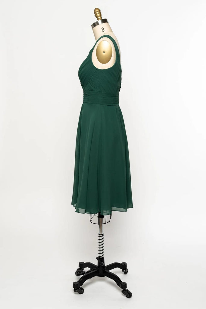 Sleeveless V Back Ruched Green Chiffon Tank Short Bridesmaid
