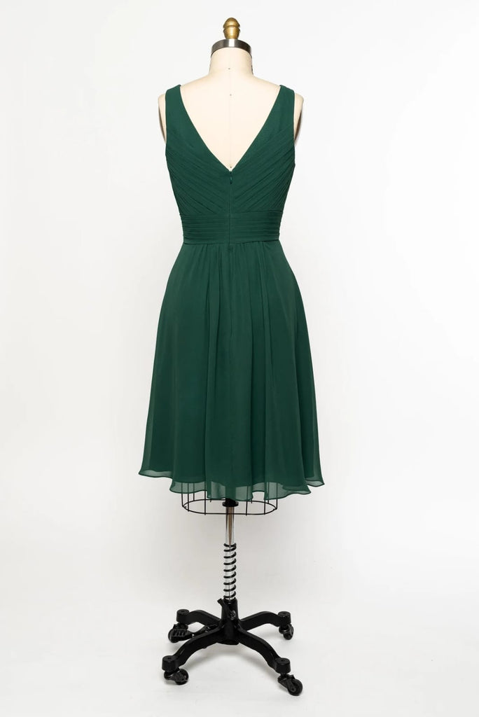 Sleeveless V Back Ruched Green Chiffon Tank Short Bridesmaid