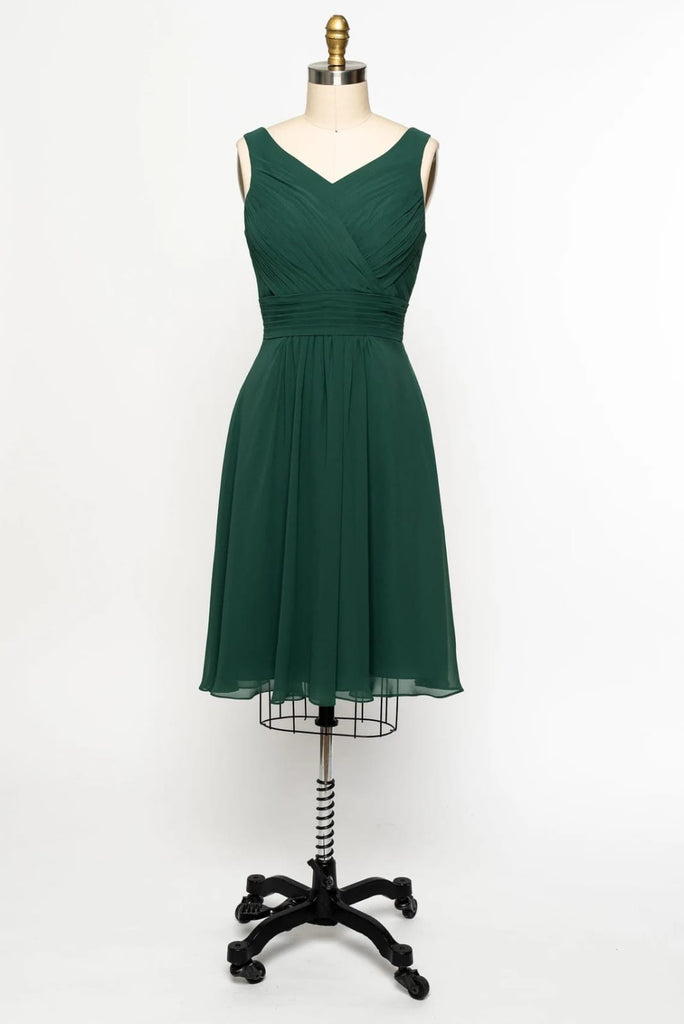 Sleeveless V Back Ruched Green Chiffon Tank Short Bridesmaid