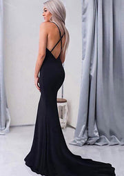 Sleeveless Elastic Satin Court Train Formal Black Mermaid