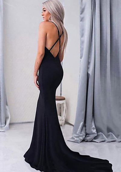 Sleeveless Elastic Satin Court Train Formal Black Mermaid 