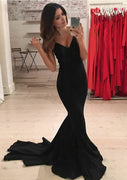 Sleeveless Elastic Satin Court Train Formal Black Mermaid Evening Gown Long Prom Dress