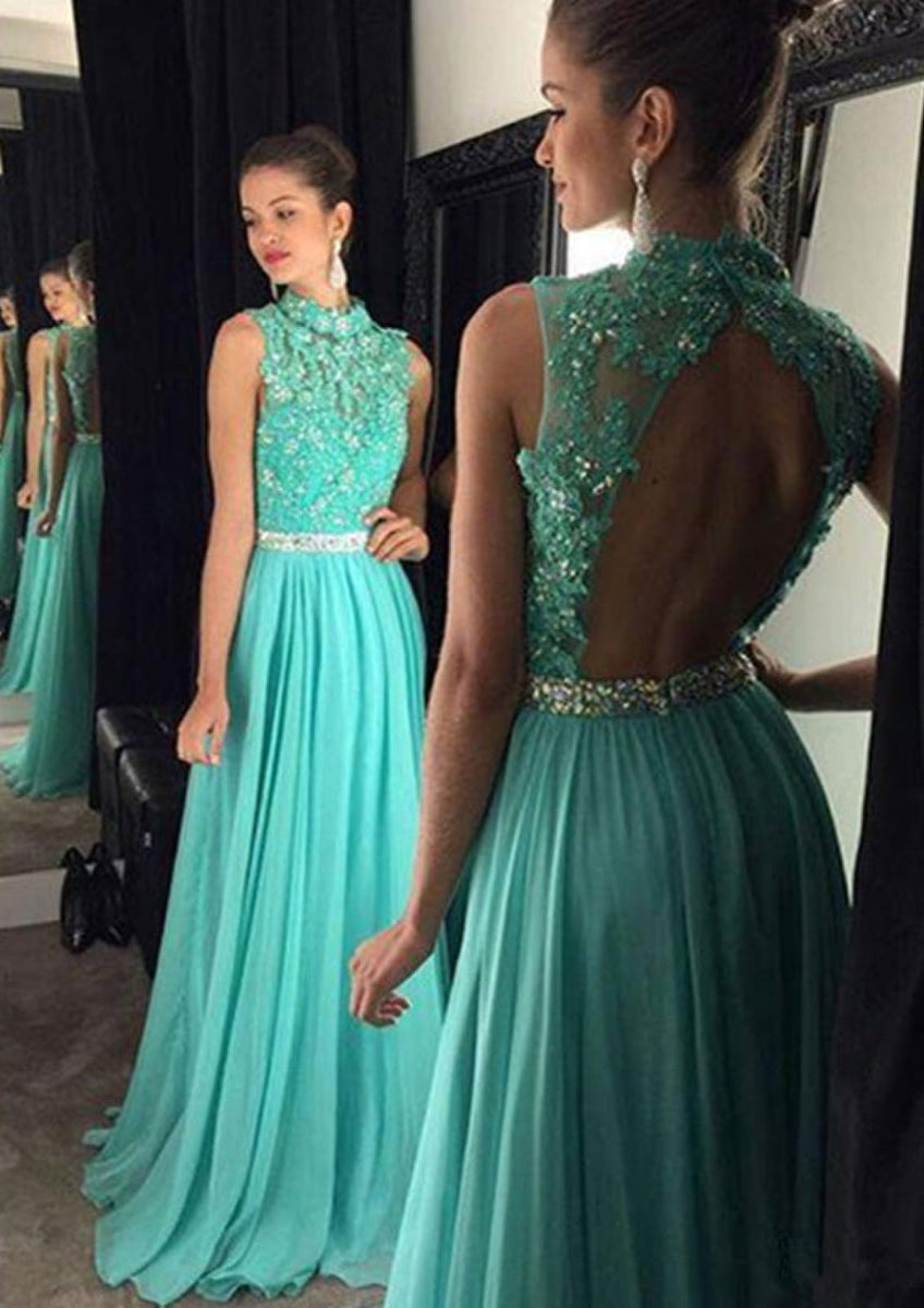 Sleeveless High Neck Floor Length A-line Mint Chiffon Formal Dress