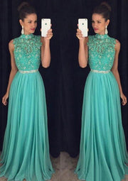 Sleeveless High Neck Floor Length A-line Mint Chiffon Formal