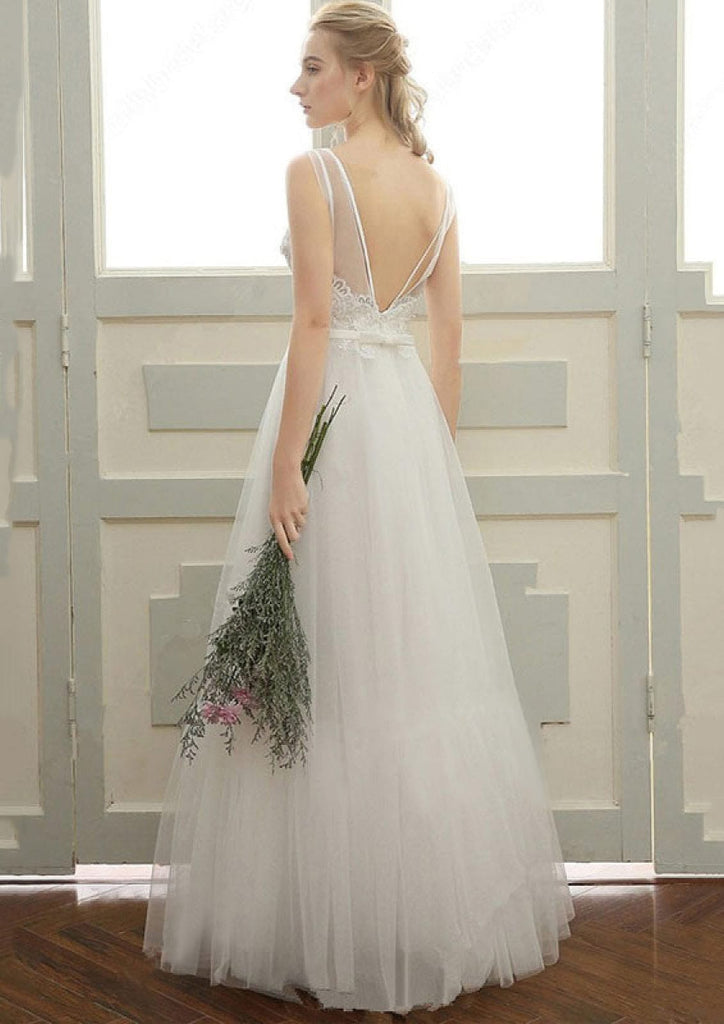 Tulle Wedding Dress A-Line Illusion Bateau Lace Pleats
