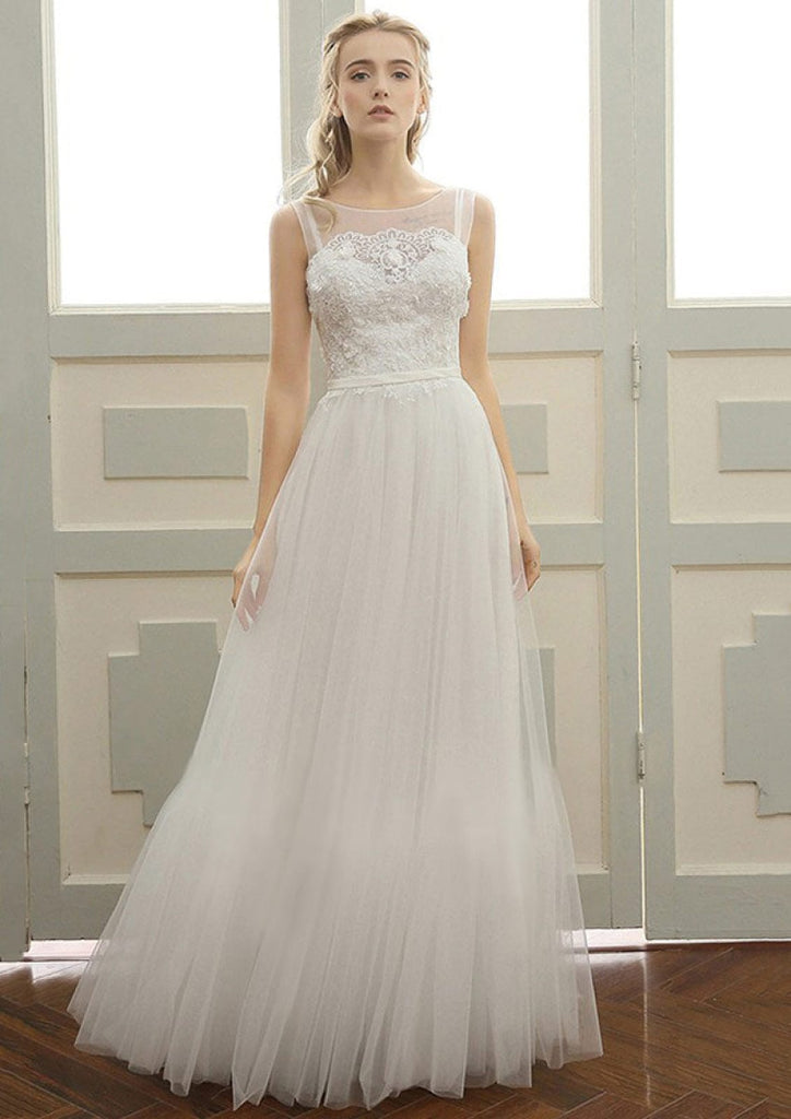 Tulle Wedding Dress A-Line Illusion Bateau Lace Pleats